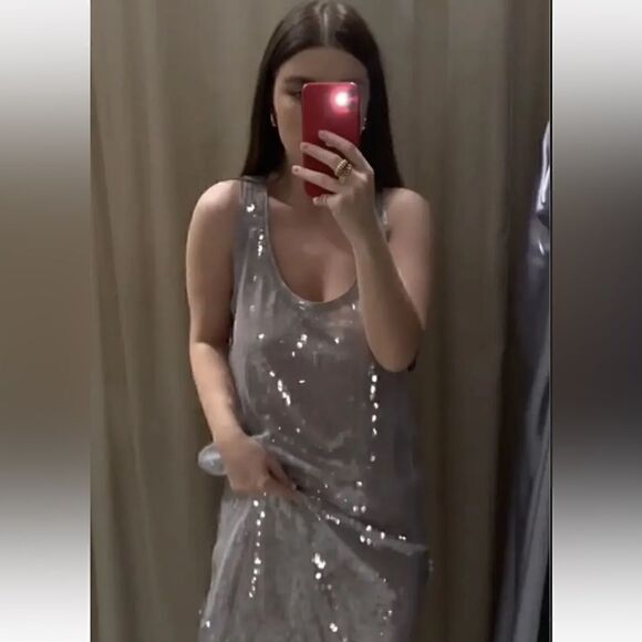 ZARA SEQUIN MIDI DRESS SILVER - Picture 5 of 6